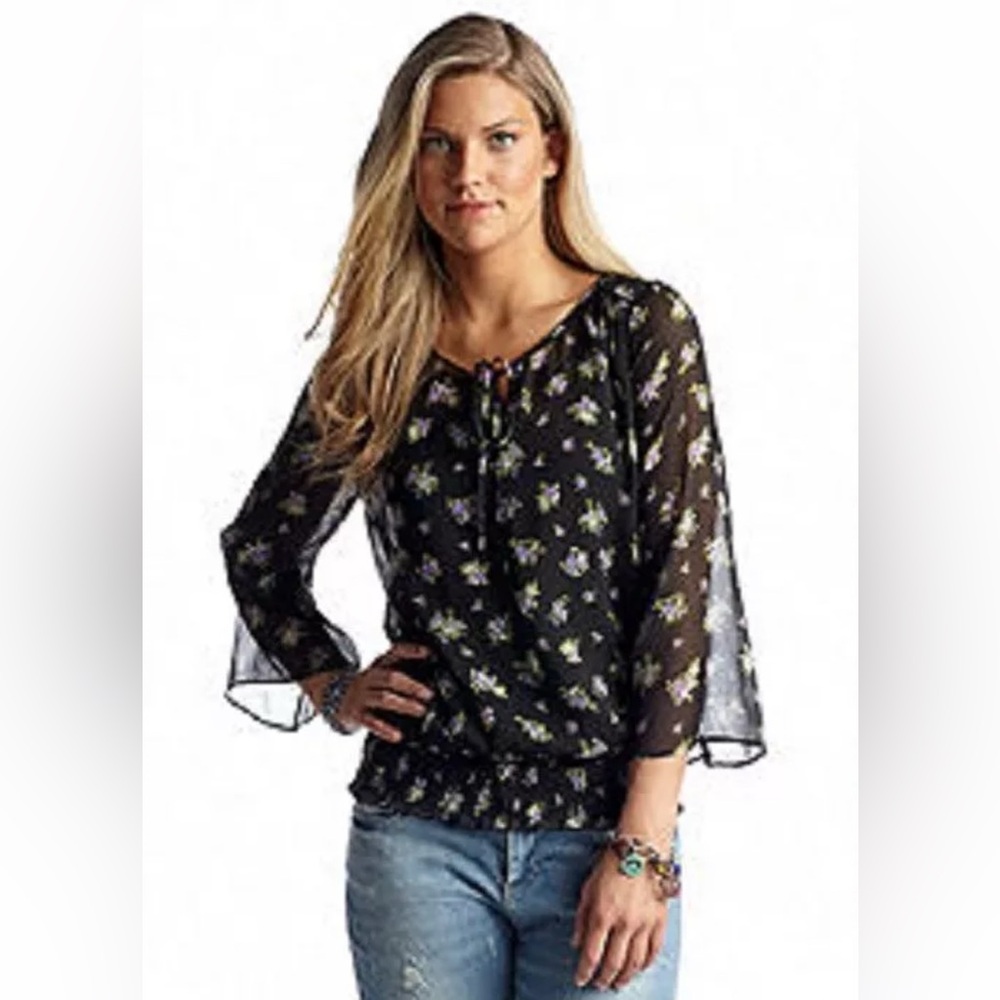 Jessica Simpson Mariana Floral Blouse Top Shirt Gathered Waist  Bell Sleeve Sz L